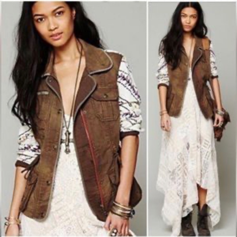 Free People cargo Jacket coat Aztec Tribal print sleeves size XS olive green